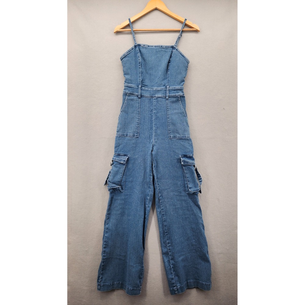 IRIS Denim Cargo Jumpsuit Womens Small Blue Wide Leg Utility Streetwear Y2K